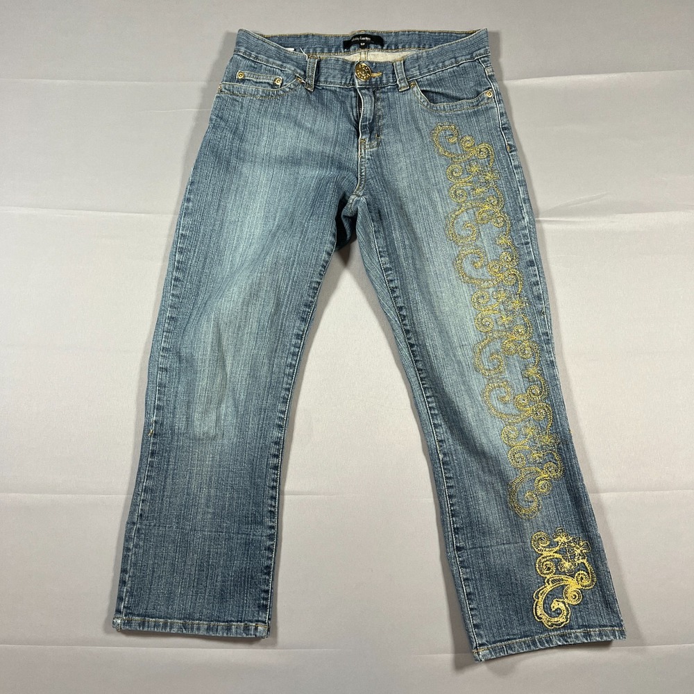 Daisy Fuentes Cropped Jeans Womens 6 Petite Blue Denim Embroidered Medium Wash